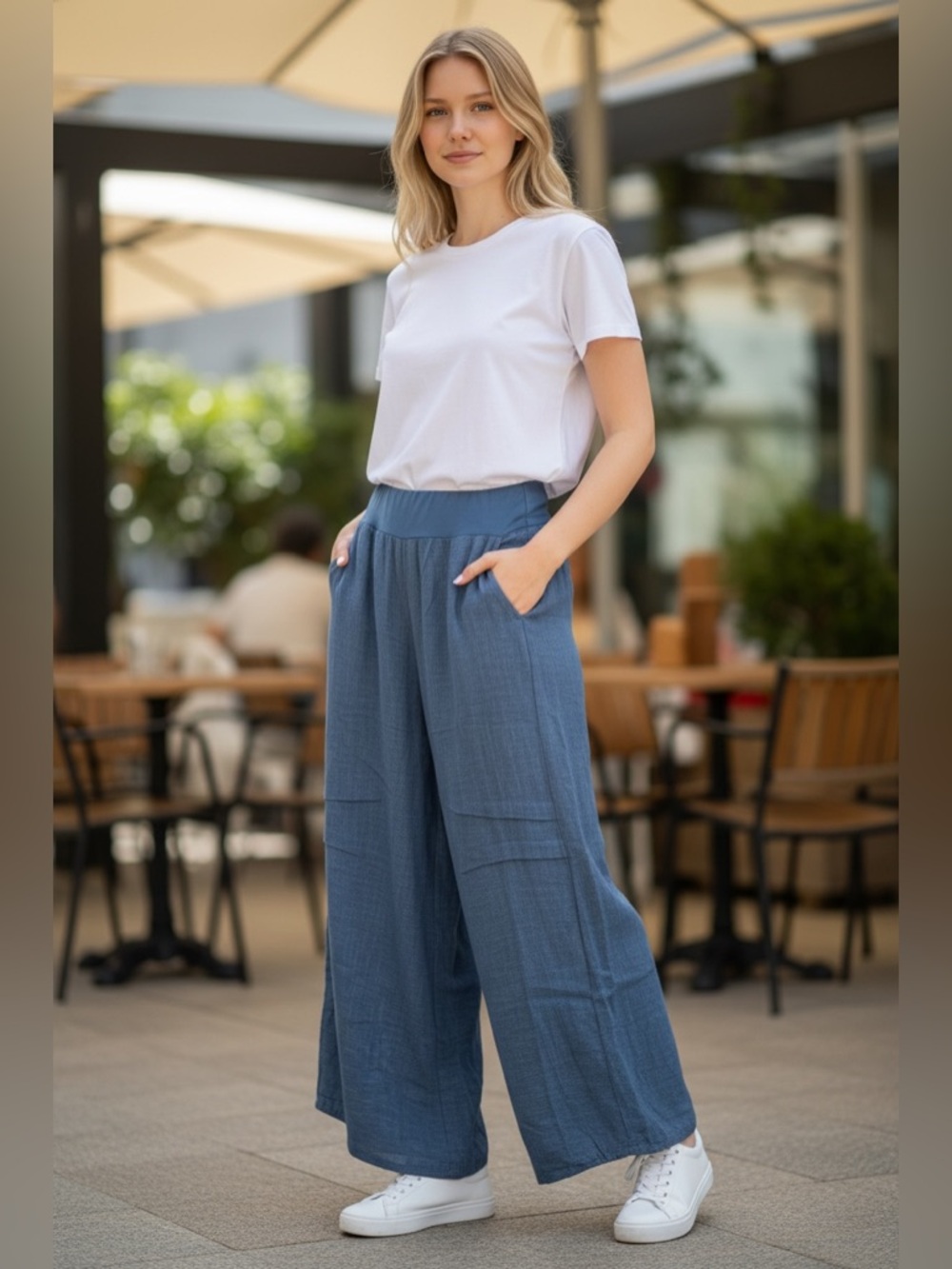 NWT Rhea Camry Wide-Leg Pull-On Cotton Pants S/M Cornflower